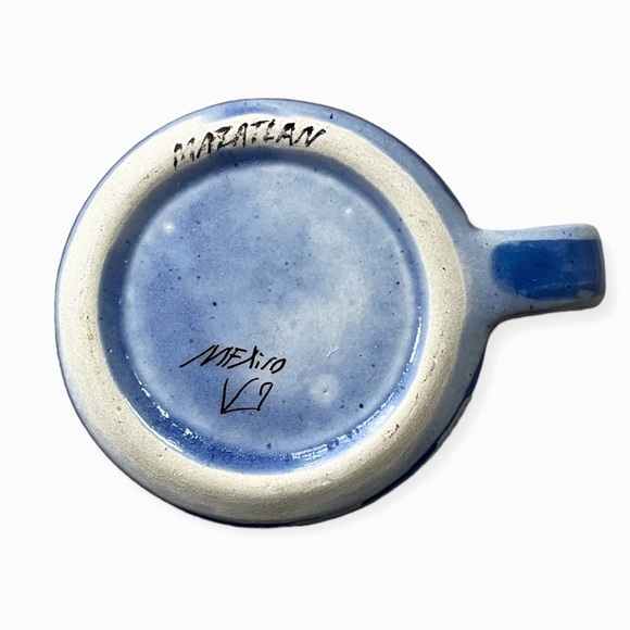 Vintage Signed Tonala Mug w/Hand Painted Bird Flowers Blue Mexican Pottery Boho - Picture 6 of 8